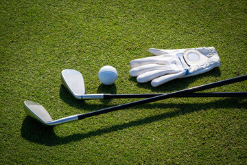 Golf equipment ready for playing on a beautiful golf course