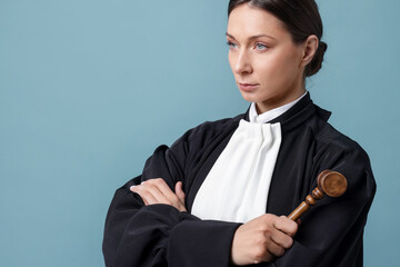 Judge with mallet on light blue background, space for text