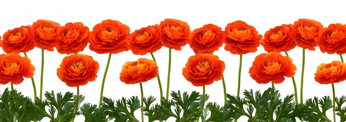Vibrant red ranunculus flowers row on white background for floral design. Floral banner. 