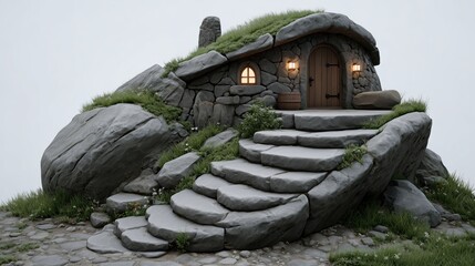 Enchanted Stone House Surrounded by Lush Green Landscape and Steps