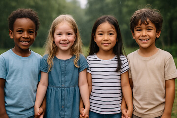 smiling children of different races stand together and play, summer is the time to play outside