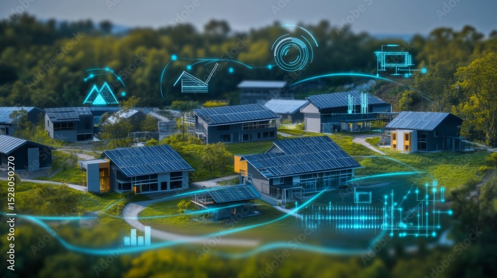 Poster sustainable community features solar energy solutions with modern homes nestled in greenery, display