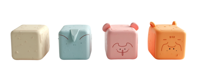 A set of four different colored boxes with faces drawn on them.