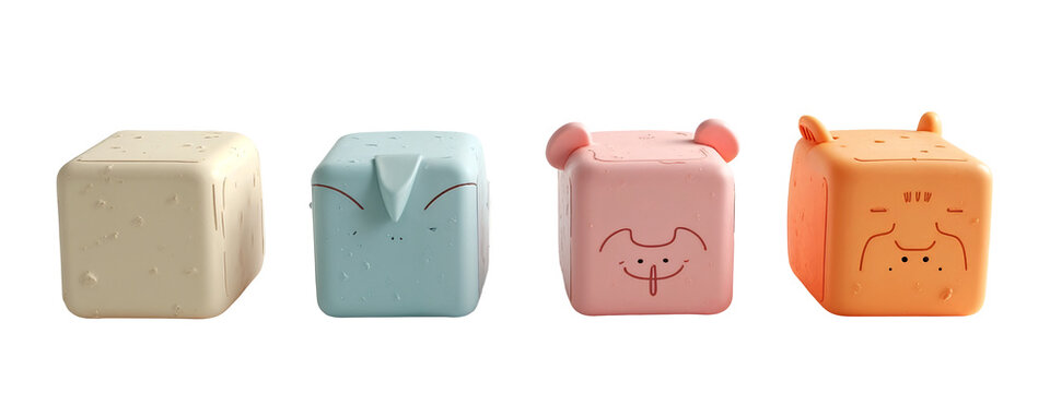A set of four different colored boxes with faces drawn on them.