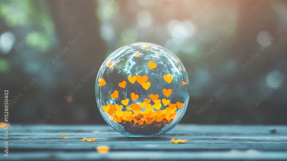 Poster decorative bubble with floating heart shapes in a natural setting