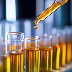 Transparent test tubes filled with orange solution and pipette drop for modern chemistry and science designs image
