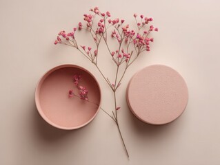 Pink round cosmetic box with dried baby’s breath on beige pastel background

