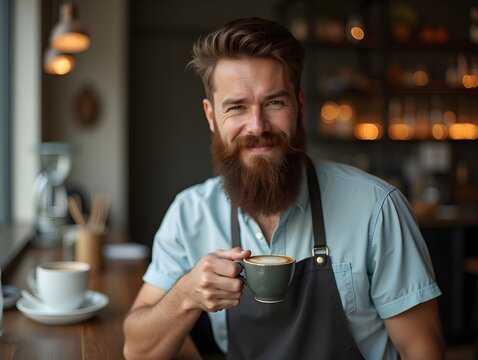 A man with a beard and apron holding a cup of coffee