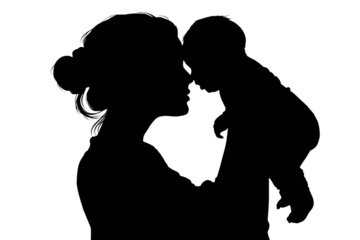 Black silhouette of a woman with her baby in her arms, head to head, head to head. Transparent background