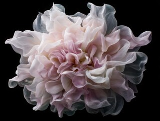 Translucent pink flower on black background with layered chiffon-like petals

