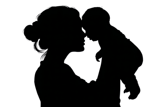 Black silhouette of a woman with her baby in her arms, head to head, head to head. Transparent background