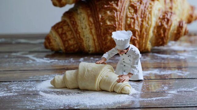 Miniature baker with white uniform and toque is rolling raw croissant dough on floured wooden table with a just baked croissant in the background