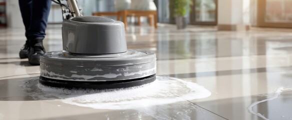 The professional floor scrubber performing a deep clean on shiny tiles.
