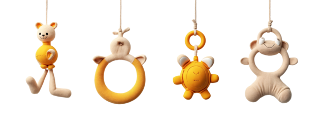 A group of four stuffed animals hanging from a string.