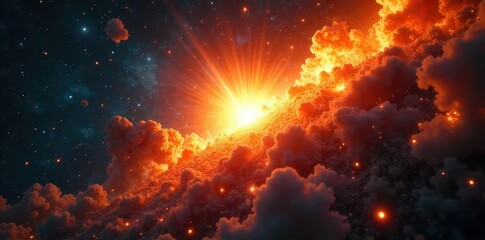 A single, powerful star explodes in a cosmic battle, fiery debris and energy radiating outwards Perfect for concepts of conflict, power, and celestial events , conflict, fight