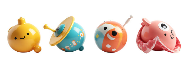 A group of four different colored toys sitting next to each other.