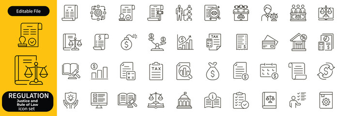 Regulation line editable icon set. Containing rules, authority, conduct, law, guideline, penalty, government, ethics, compliance, procedure, and more. Vector illustration