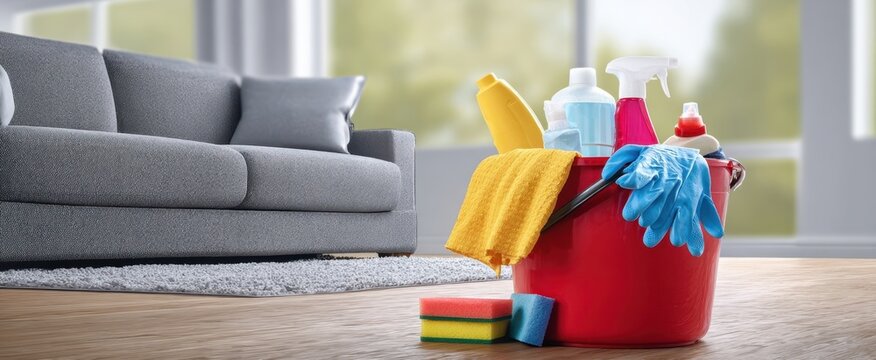 The red cleaning bucket filled with colorful supplies in a modern living room.