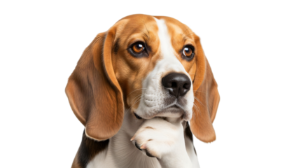 Thoughtful beagle dog with paw on chin, isolated on white & transparent background, perfect for pet care, veterinary clinics, animal intelligence, dog training,