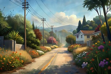 Serene Country Road Wildflowers, Trees, and a Peaceful Suburban Vista