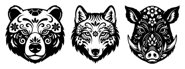 stylized animal faces with floral details