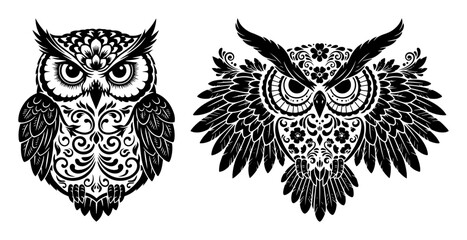 floral decorative owl face vector set