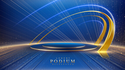 Empty podium golden on blue background with light neon effects with bokeh decorations. Luxury scene design concept. Vector illustrations.