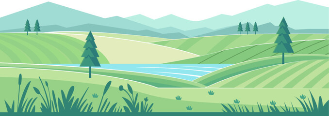 Vector Illustration of Rolling Hills with Blue Sky and Green Fields