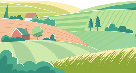 Obraz premium Flat Illustration of Rolling Hills with Farmhouses in Countryside Landscape