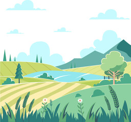 Naklejka premium Cartoon Landscape Illustration of Countryside Field and Rolling Hills