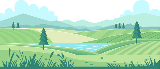 Flat Design Landscape Illustration of Lake and Mountain Scenery for Nature Backgrounds