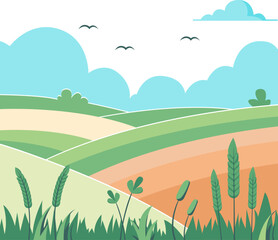 Scenic Rolling Hills Landscape Illustration with Blue Sky and Clouds