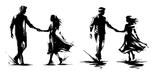 romantic couple walking holding hands silhouette