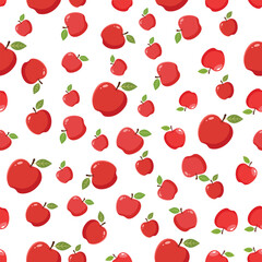 Seamless Red Apple Pattern with Green Leaves , Fresh Fruit Background.