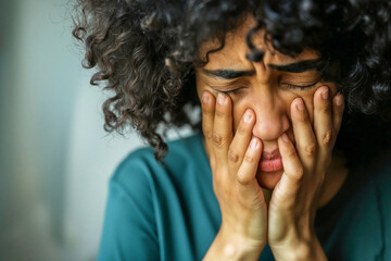 Fototapeta premium Young woman in emotional distress with hands on face
