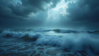 Dramatic seascape with turbulent waves under a cloudy sky and rays of light breaking through