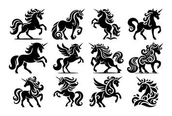 unicorn and pegasus vector silhouette set