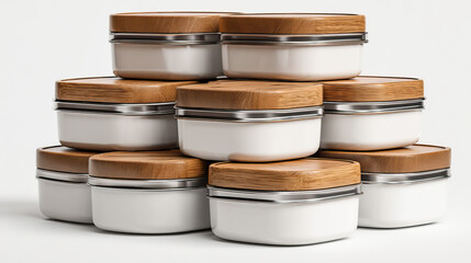 Obraz premium Eco-Friendly Lunch Tins with Smooth Wooden Lids on Transparent BackgroundEco-Friendly Lunch Tins with Smooth Wooden Lids on Transparent Background