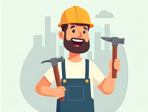 Construction worker smiling while holding a hammer in flat art