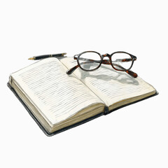 Open Book with Glasses and Pen - Still Life Illustration
