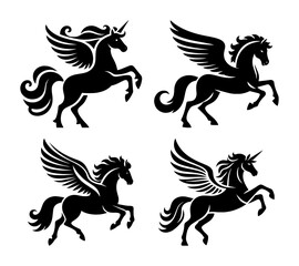 pegasus winged horse silhouette vector set