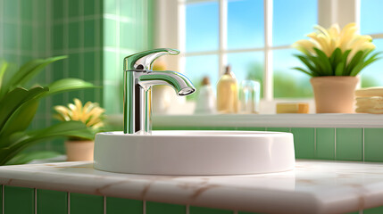 Modern bathroom interior with green tile wall design