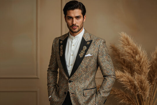 Fashionable Male Model in Brocade Sherwani