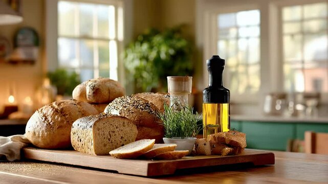 Assorted breads on wooden board