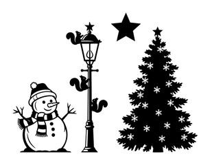 christmas street lamp with tree and snowman