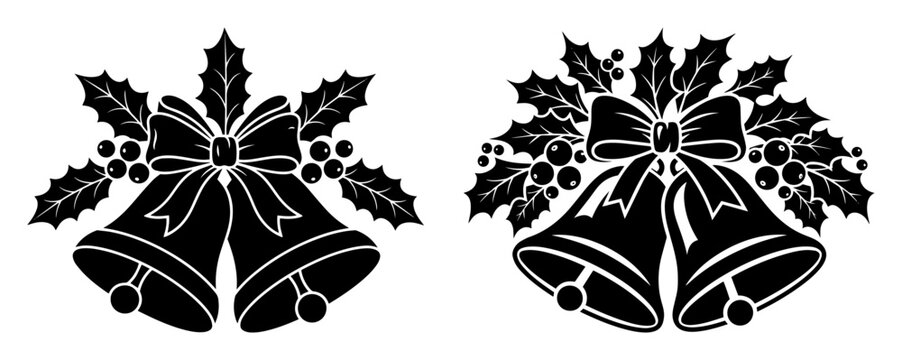 christmas bells with holly vector silhouette