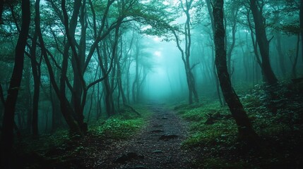Naklejka premium Misty forest path, tranquil, surreal atmosphere, mysterious landscape, possible use in nature photography