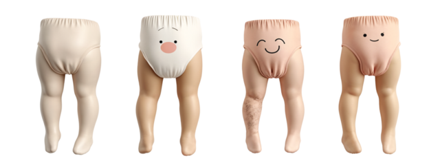 A set of three mannequins wearing different colored underwear.