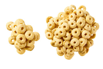 heap of whole grain cereal rings isolated on white background top view.