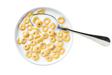 bowl with whole grain cereal rings with milk isolated on white background. Top view.
